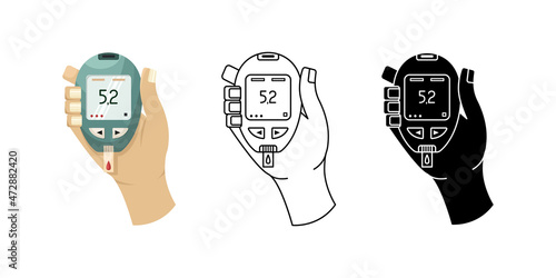 Vector illustration of a device for measuring blood sugar levels at home. Glucose meter for diabetics. Flat, simple style, line art