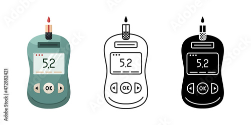 Vector illustration of a device for measuring blood sugar levels at home. Glucose meter for diabetics. Flat, simple style, line art