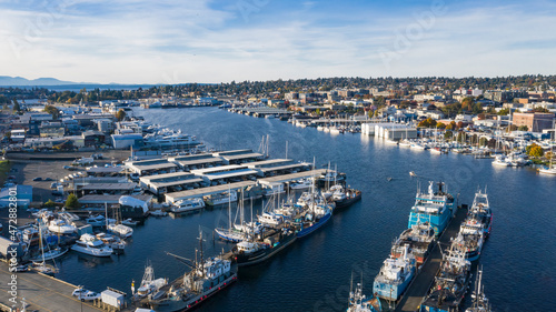 USA, Washington State, Seattle. Boats docked in marina at Fishermen's Terminal on Lake Union Ship Canal in Salmon Bay.