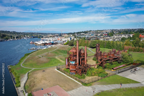 USA, Washington State, Seattle. Rusted gas tanks at Gas Works Park and Lake Union. photo