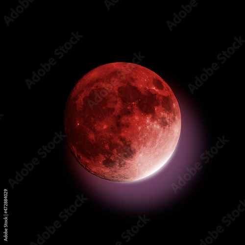 Blood Moon during a partial lunar Eclipse. A lunar eclipse occurs when the Moon moves into the Earth's shadow