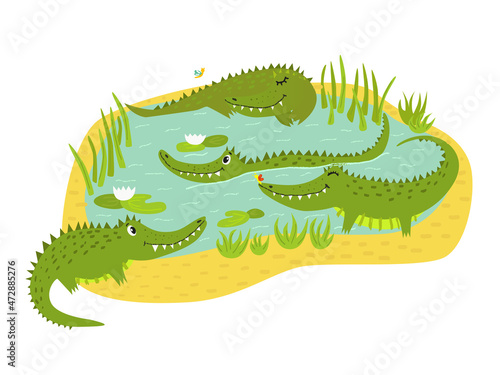 Beautiful vector composition, four cute crocodiles lying around water. Nice animals for kids designs. Illustration for prints, postcards, wall art, books, and other