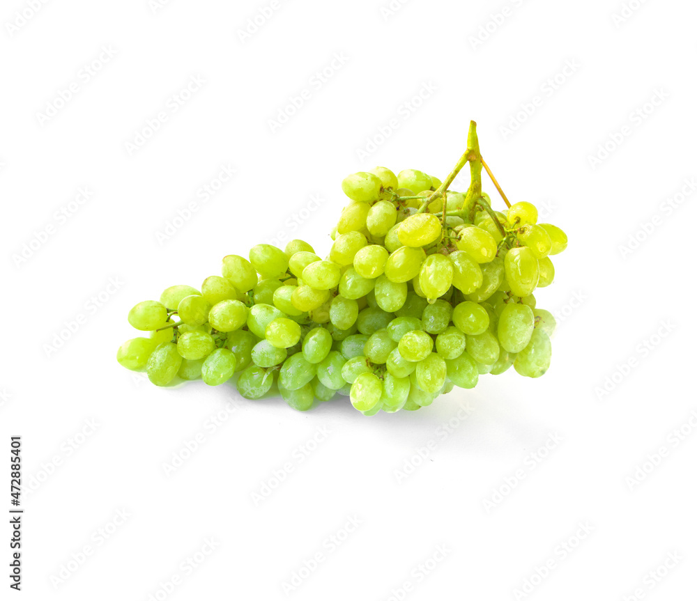 Grapes Centennial Seedless on a white background. A bunch of seedless green grapes on a branch. Grapes close up isolated on white. fresh Yellow Grape with Ellipsoid Berries 