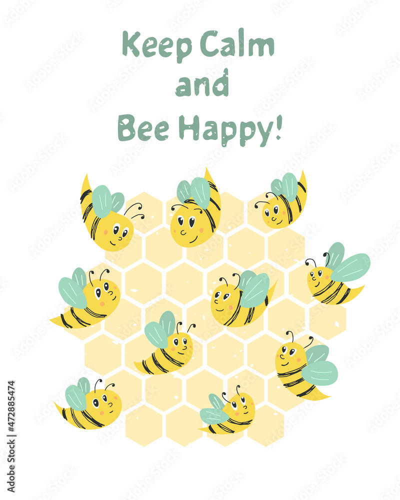 Fototapeta premium Vector illustration cute postcard with bees. Composition with words Keep calm and bee happy. Creative honey composition for cards, posters, prints, covers and kids design