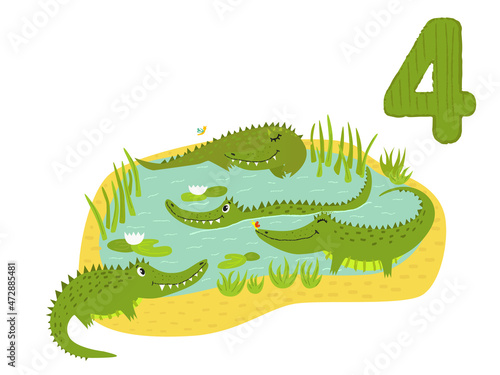 Counting from 1 to 10. Number 4  page with colorful illustration. Cute crocodiles in the water. Preschool activity for kids. Illustration for books  posters  cards