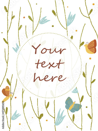 Beautiful vector frame with butterflies and flowers. Vintage border with place for your text. Hand drawn elements for invitations, greeting cards, certificates, vouchers