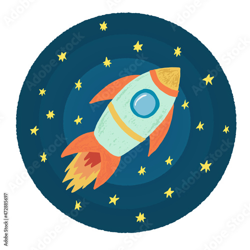Hand drawn vector illustration, colorful cute rocket flying among start. Child conposition upon round background, cheerful design for prints, cards, interiors, playroom design, planetarium