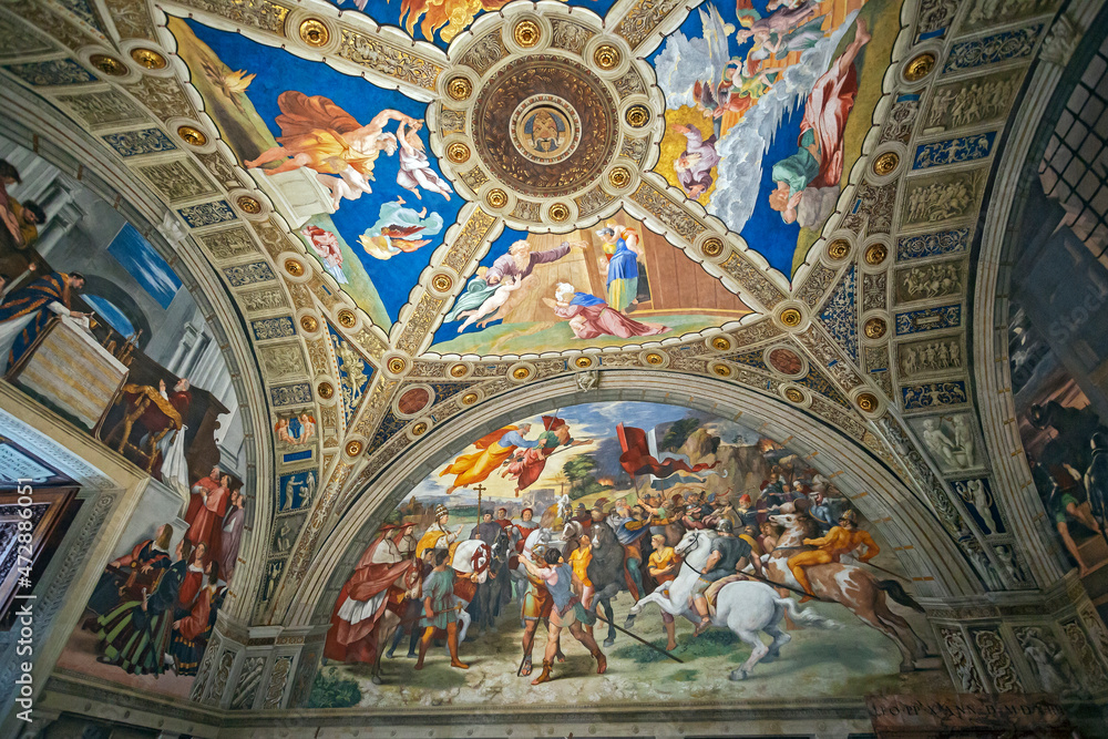 Vatican, Italy January, 4, 2020. Stanze of Raphael paintings in the Museum of Vatican. The