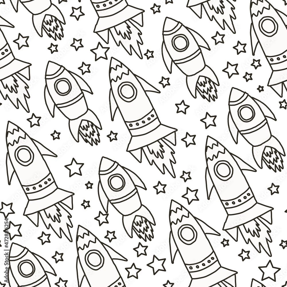 Naklejka premium Black and white cosmic vector seamless pattern. Rocket texture for baby boy stuff design. Cute pattern with hand drawn elements for covers, wall paper, wrapping paper, fabric and other child designs