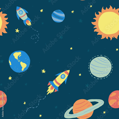 Colorful cosmic vector seamless pattern upon blue background. Space texture for baby boy stuff design. Cute pattern with hand drawn elements for covers, wall paper, wrapping paper, fabric