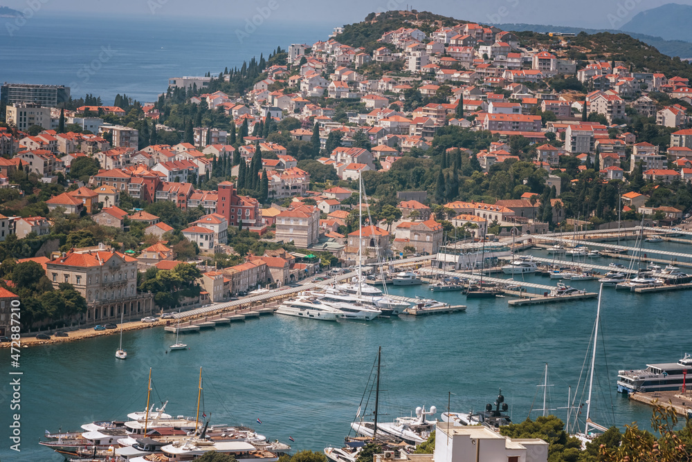 Yacht marinas in Dubrovnik Bay in the Adriatic Sea, Croatia. Top view