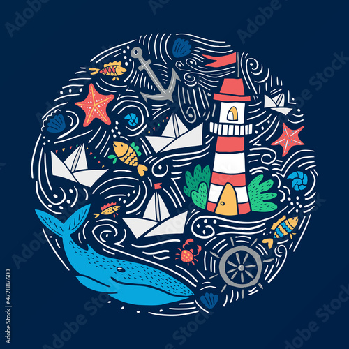 Colorful hand drawn vector illustration for prints, bags, t-shirts, cards and other designs. Round composition with nautical elements, light house and sea animals