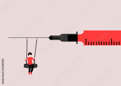 Man using vaccination syringe as swinging equipment wearing mask. Discovery of new variants creating confusion and uncertainty. Assumption about vaccines will not work in future