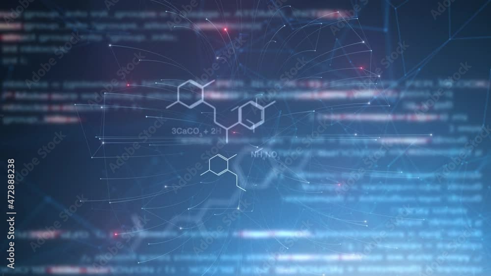 Chemical hexagon bonds animation on digital virtual computer screen science concept animation background.