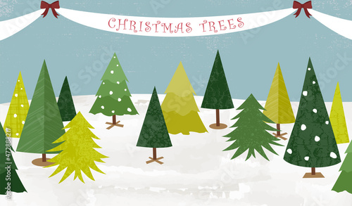 A playful daytime Christmas tree lot, in a cut paper style with textures

