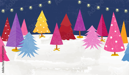 A playful night time colorful Christmas tree lot, in a cut paper style with textures
 photo