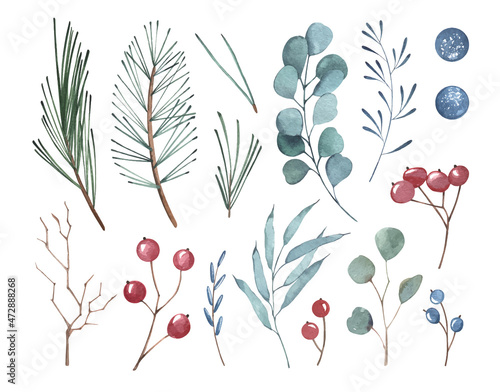 Vector watercolor branches set with berries and conifer leaves. Hand drawn Christmas isolated elements on white background. Design illustration. For New year cards, greeting cards, graphic, poster