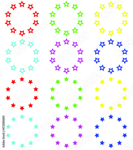 Colorful Stars Frame in Round or Circle. Star icons graphic design vector sign symbols for your project. Flat design style. Vector illustration on white background