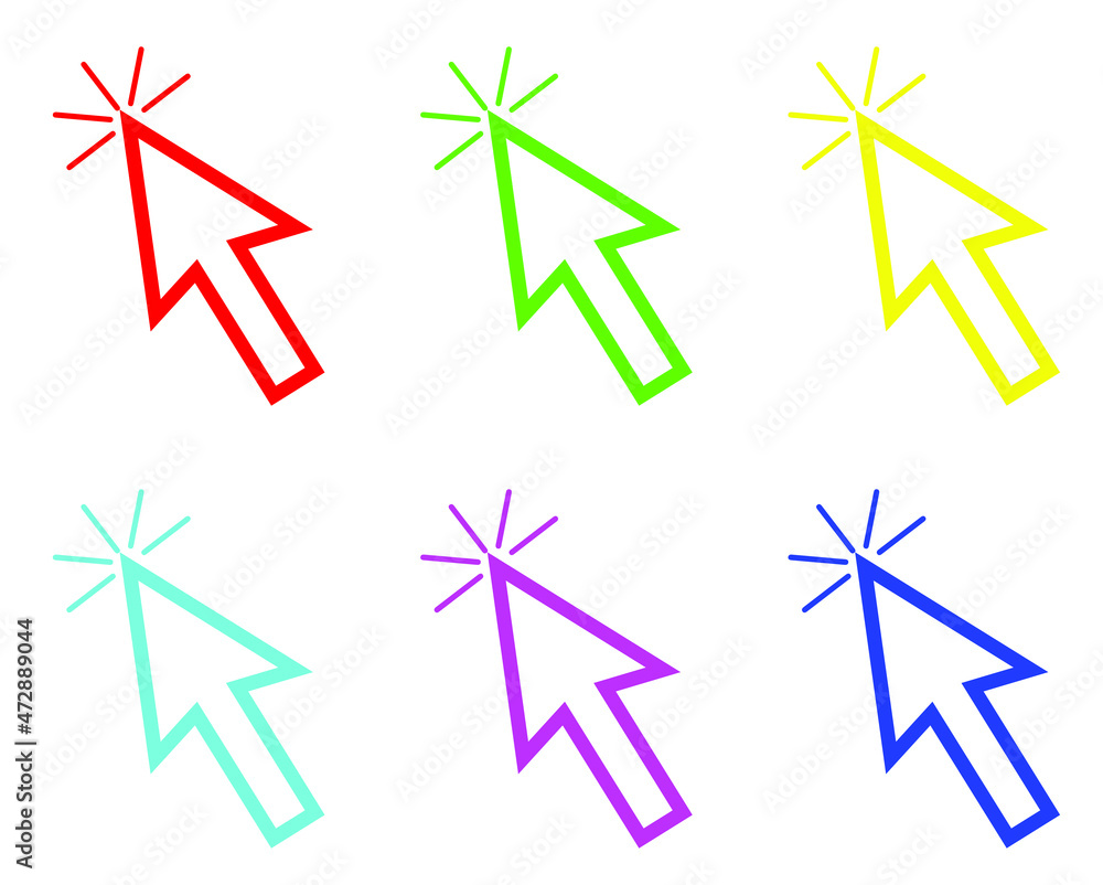 Cursor line icon. Pointer arrow icon. Click arrow. Set of Colorful arrow. Arrow icon graphic vector sign symbol for your project. Vector in trendy flat style on white background. Cursor line icon. Pointer arrow icon. Click arrow. Set of Colorful arrow. Arrow icon graphic vector sign symbol for your project. Vector in trendy flat style on white background.
