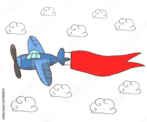Hand drawn vector illustration, blue plane with red ribbon flying in the sky. With place for your text. Template for cards, ads, congratulations and other designs