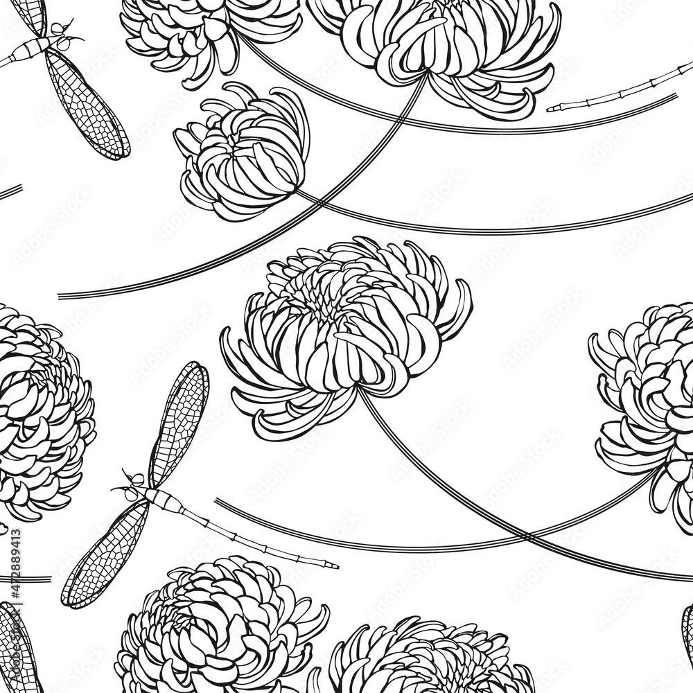 Chrysanthemums and dragonflies on white background. Seamless vector ...