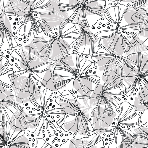 Seamless pattern with flowers on white background. Monochrome vector illustration. Floral background. Perfect for design templates  wallpaper  wrapping  fabric and textile.