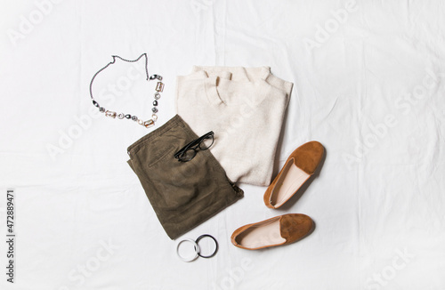 top view of flat lay clothes and accessories
