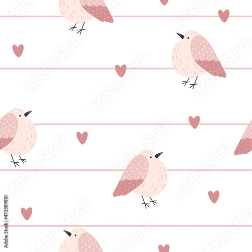 Seamless pattern with cute pink bird with flowers, heart and stripes on white background in cartoon style