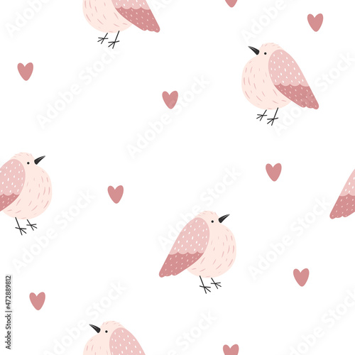 Seamless pattern with cute pink bird with flowers, heart  on white background in cartoon style