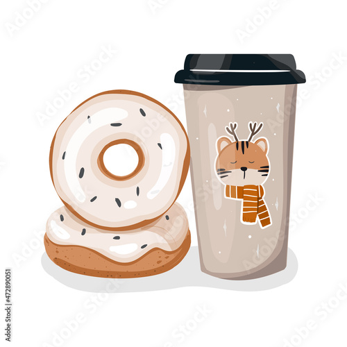 Illustration coffee cup with christmas tiger and donut in white glaze in cartoon style 