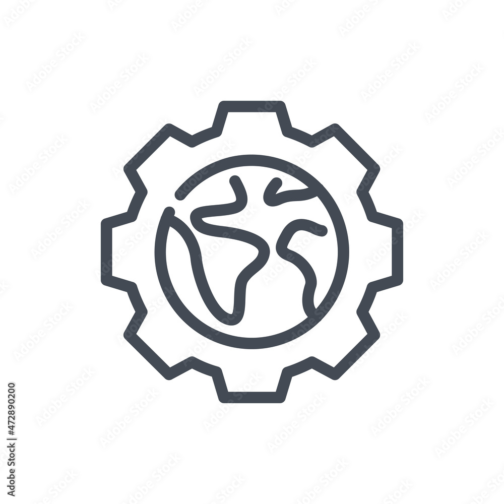 Cogwheel with planet Earth line icon. Gear and Global process vector outline sign. Cogwheel with planet Earth line icon. Gear and Global process vector outline sign.