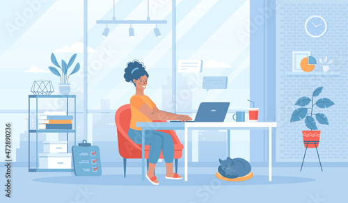 Freelance concept. Online web job, internet worker.Girl works in comfortable environment at home. Flat cartoon vector illustration with people characters for banner, website design or landing web page