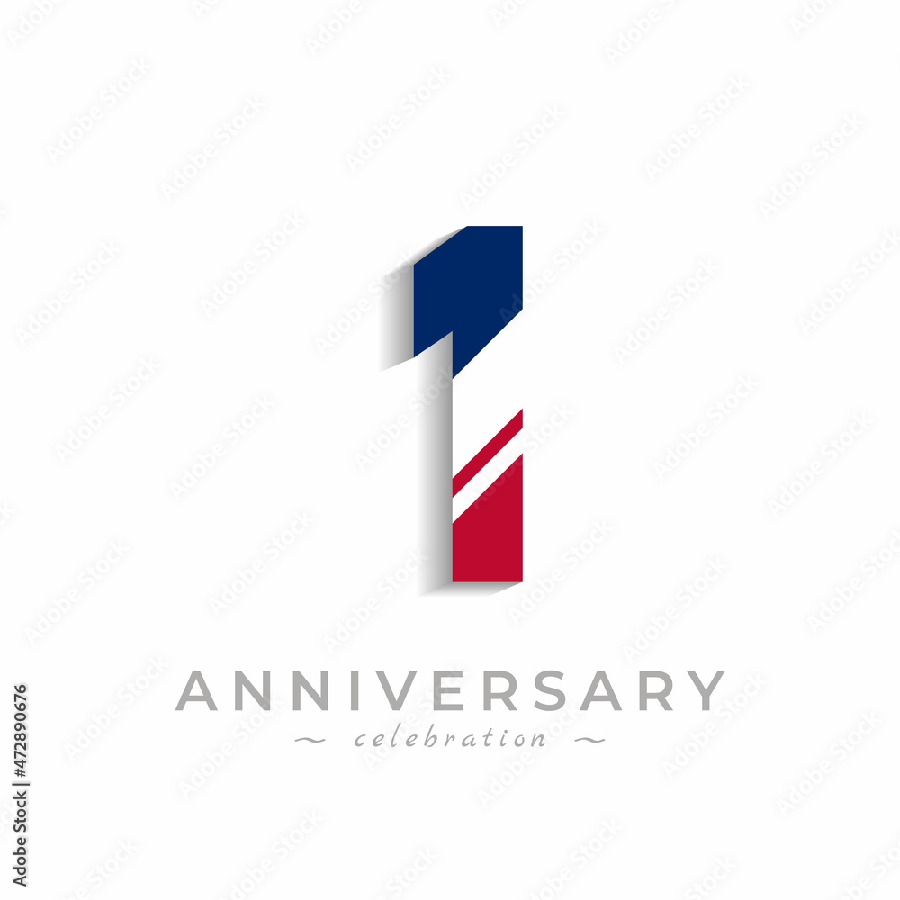 1 Year Anniversary Celebration with White Slash in Red and Blue American Flag Color. Happy Anniversary Greeting Celebrates Event Isolated on White Background 1 Year Anniversary Celebration with White Slash in Red and Blue American Flag Color. Happy Anniversary Greeting Celebrates Event Isolated on White Background