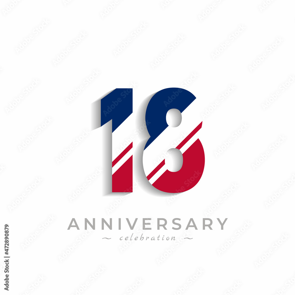 18 Year Anniversary Celebration with White Slash in Red and Blue American Flag Color. Happy Anniversary Greeting Celebrates Event Isolated on White Background 18 Year Anniversary Celebration with White Slash in Red and Blue American Flag Color. Happy Anniversary Greeting Celebrates Event Isolated on White Background