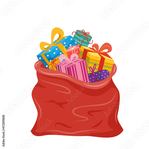 Christmas sack full of holiday gift boxes. Red Santa Claus bag with xmas presents. Vector flat illustration
