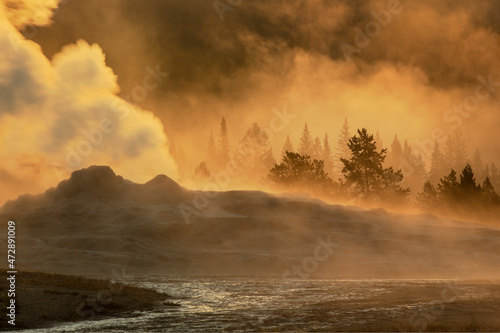 Old Faithful steaming in early morning, Upper Geyser Basin, Yellowstone National Park, Wyoming