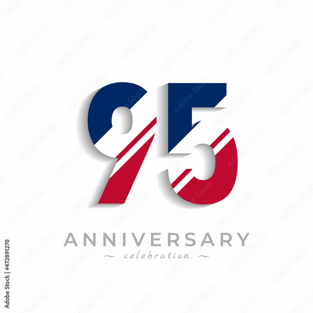 95 Year Anniversary Celebration with White Slash in Red and Blue American Flag Color. Happy Anniversary Greeting Celebrates Event Isolated on White Background 95 Year Anniversary Celebration with White Slash in Red and Blue American Flag Color. Happy Anniversary Greeting Celebrates Event Isolated on White Background