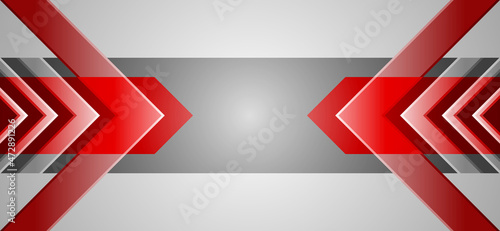 White hi-tech abstract background. Red gradient arrowhead pattern banner black stripes. Designs for card, cover, poster, flyer, backdrop, wall. Vector illustration.