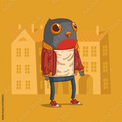 Cartoon vector illustration of humanized hipster bird. A pigeon wearing trendy hipster clothes and standing still against buildings' silhouettes. Anthropomorphic bird. Animal character with human body