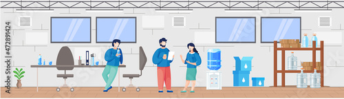 Group of people have conversation and drink water, office cooler chat. Businessmen and businesswomen discuss social network and news. Business people drink filtered water during discussion on meeting