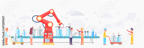 Water purification factory with workers inspecting quality production. Industrial automated robotic water purification line. Production of useful water in bottles with conveyor equipment and employees