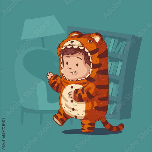 Lovely vector illustration of joyful kid dressed as a tiger. Enthusiastic toddler wearing a tiger pajama imitate a roar. Cute child character. Square wall art, poster, holiday banner, 2022 greeting