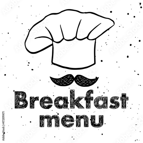 Vector logo for menu design. Chef's hat with moustache under it and words Breakfast menu. Vegan template for menu headlines, banners, ads