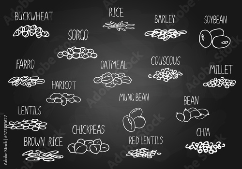 Vector hand drawn set of cereals, beans with their names. Chalkboard illustration for store decoration, grocery shop concept. Illustration can be used for sold by weight food