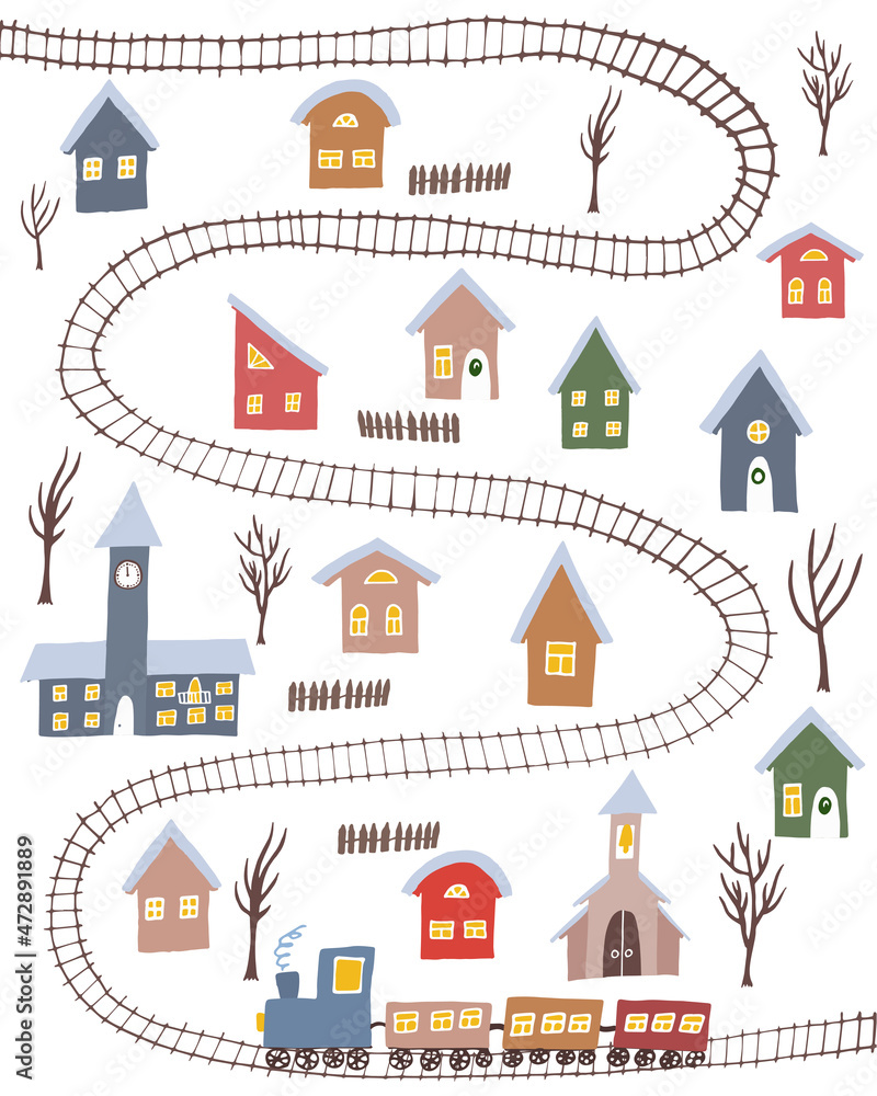 Cute winter village with colorful houses and rail road with rtain upom white background. Hand drawn winter countryside for cards, posters and other designs