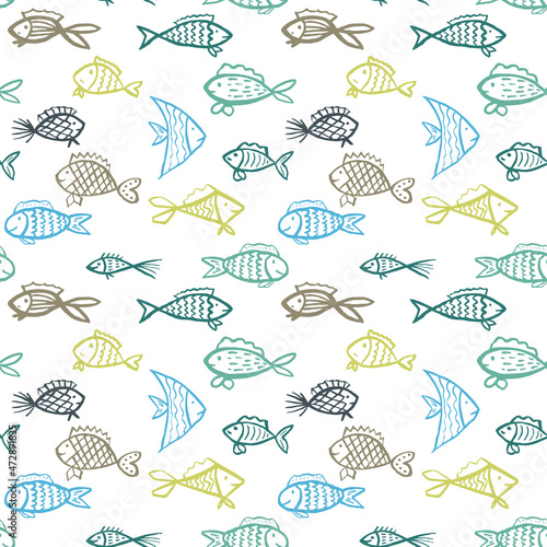 Colorful vector pattern with hnd drawn fishes. Creative ornament for covers, backgrounds, textile and interior decoration