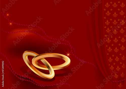 Luxurious abstract wedding background. Illustration of golden rings with red silk ribbons. Print for greeting card, poster, wallpaper, invitation, decoration. Vector image.