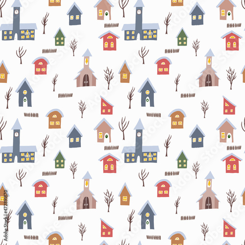 Seamless vector pattern with colorful houses and rail road with train. Hand drawn winter countryside for backgrounds, wrapping paper and other designs