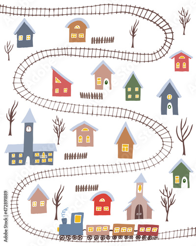 Cute winter village with colorful houses and rail road with rtain upom white background. Hand drawn winter countryside for cards, posters and other designs