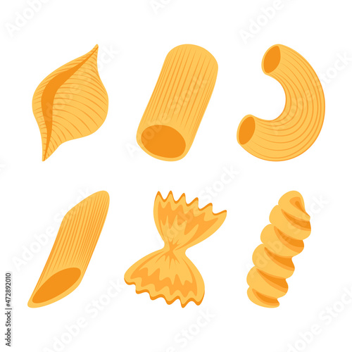 Various types of italy pasta isolated on white background. Food vector illustration in flat style.

